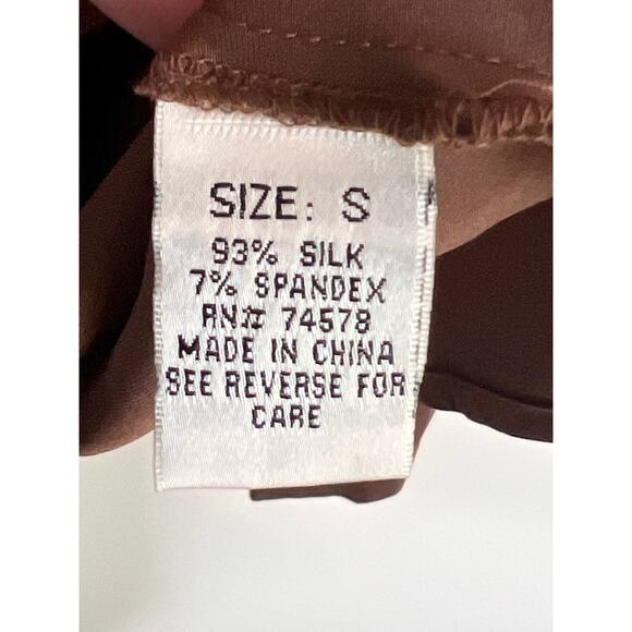 Cache Y2K Silk Long Sleeve Collared Pearl Snap Satin Button-Up Shirt Brown Small - Picture 7 of 8